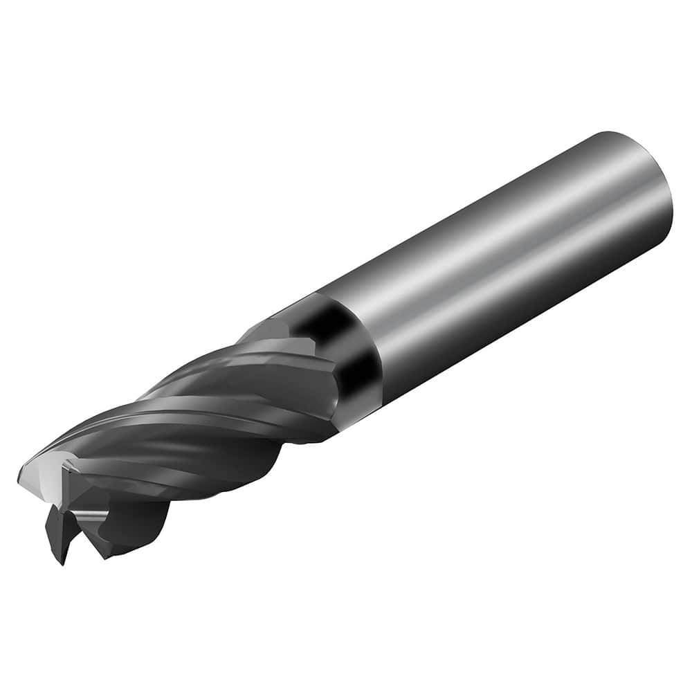 Corner Radius End Mill: 5/8″ Dia, 3/4″ LOC, 0.09″ Radius, 4 Flutes, Solid Carbide 3″ OAL, 5/8″ Shank Dia, 36.5 ° Helix, AlTiN Coated, Corner Radius End, Centercutting, Series CoroMill Dura