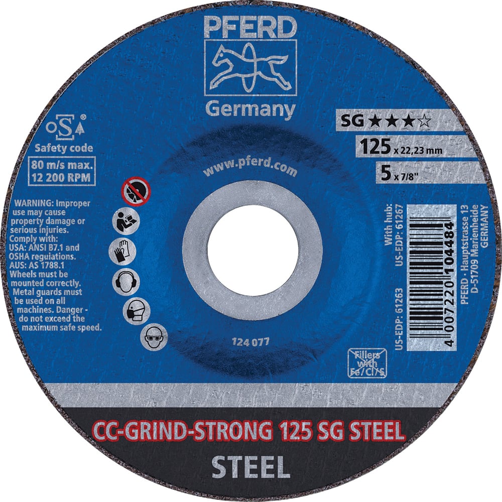 PFERD - Depressed-Center Wheels; Hole Size (Inch): 7/8 ; Connector Type: Arbor ; Wheel Type Number: Type 1 ; Abrasive Material: Steel ; Maximum RPM: 12200.000 ; Bond Type: Resinoid - Exact Industrial Supply