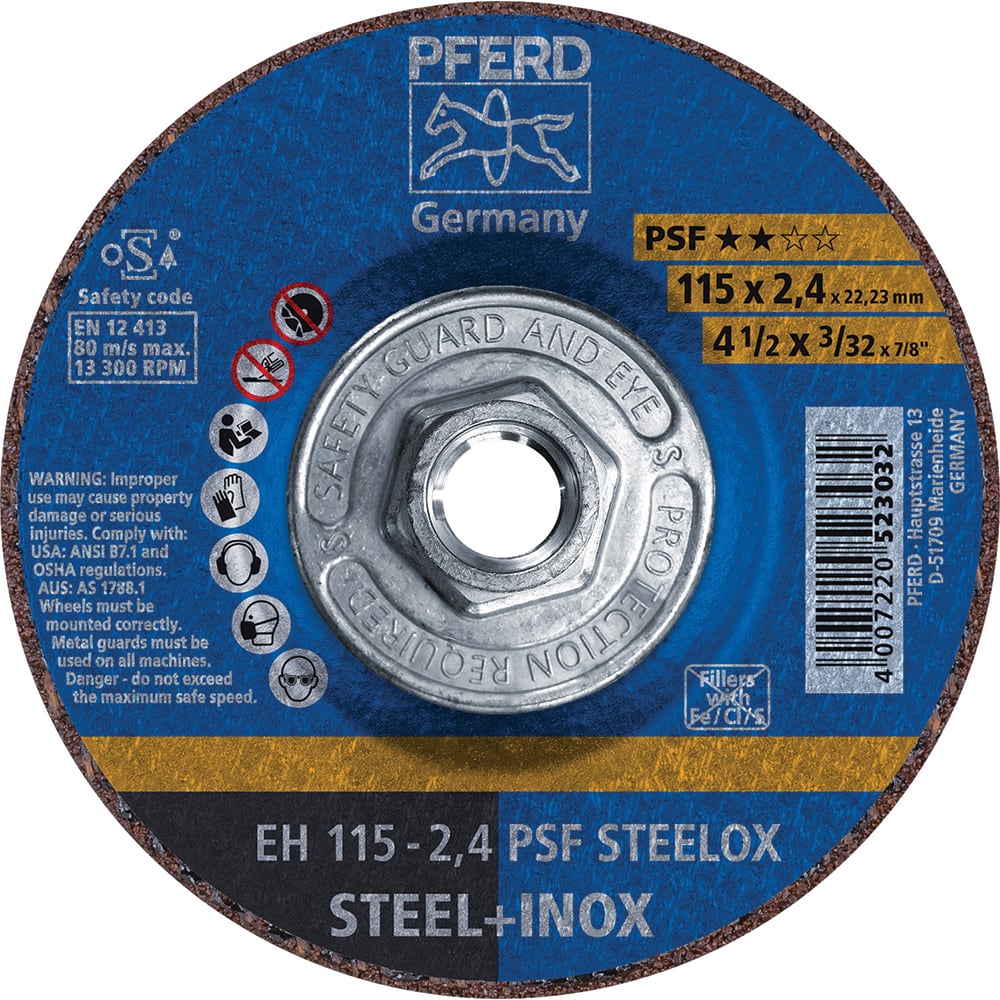 PFERD - Depressed-Center Wheels; Hole Thread Size: 5/8-11 ; Connector Type: Arbor ; Wheel Type Number: Type 27 ; Abrasive Material: Aluminum Oxide ; Maximum RPM: 13300.000 ; Grit: 46 - Exact Industrial Supply