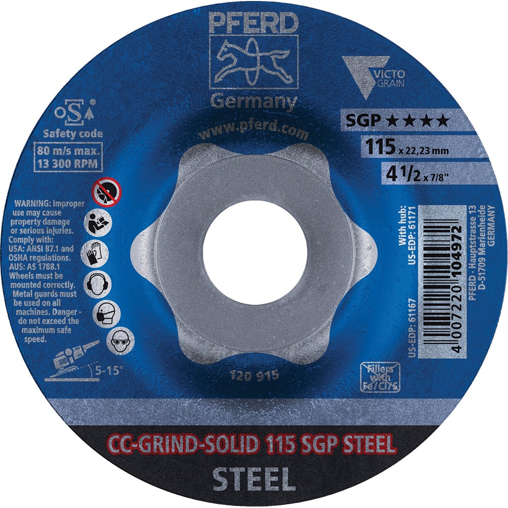 PFERD - Depressed-Center Wheels; Hole Size (Inch): 7/8 ; Connector Type: Arbor ; Wheel Type Number: Type 1 ; Abrasive Material: Steel ; Maximum RPM: 13300.000 ; Tool Compatibility: Angle Grinders - Exact Industrial Supply