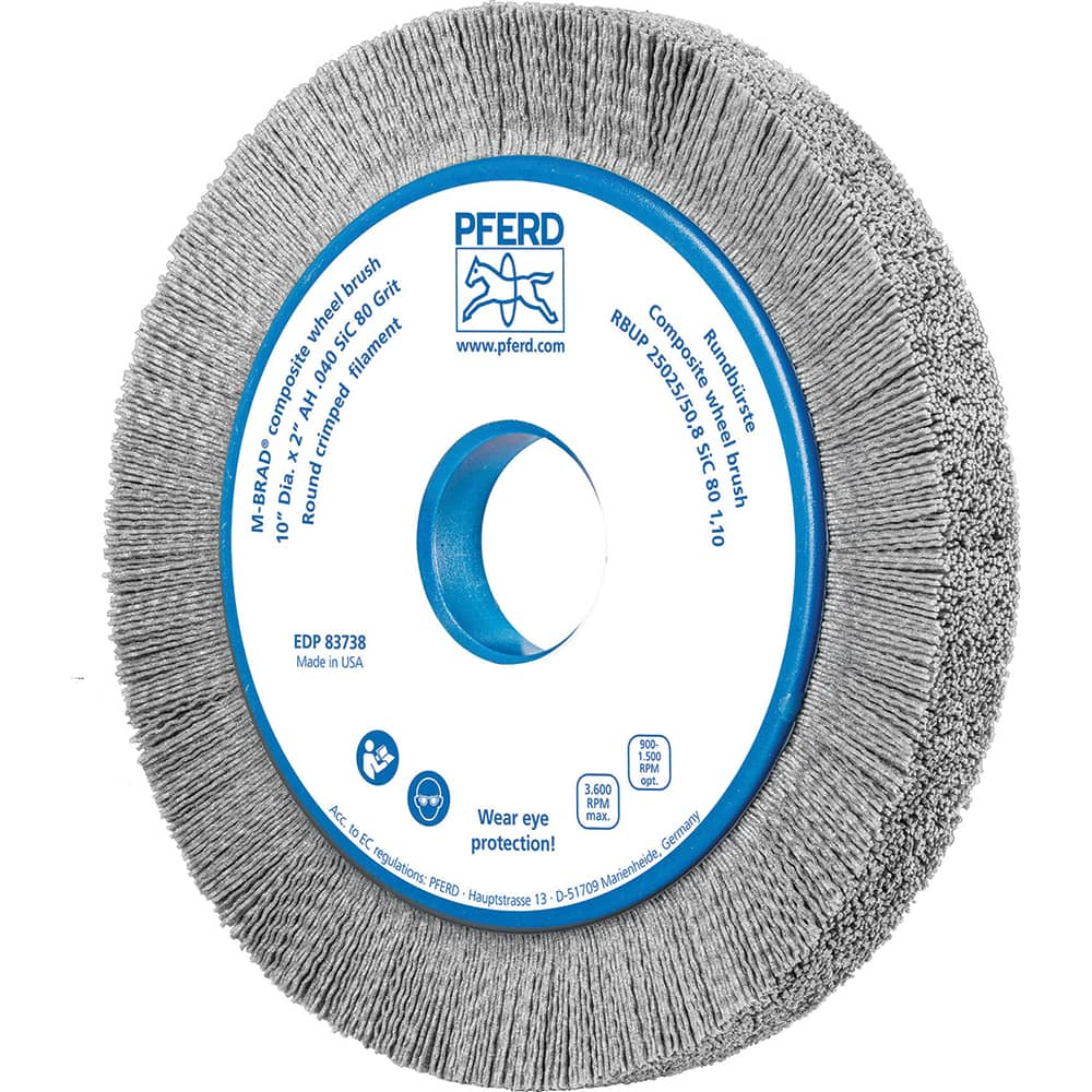 PFERD - Wheel Brushes; Outside Diameter (Inch): 10 ; Wire Type: Crimped; Round ; Fill Material: Nylon; Silicon Carbide ; Trim Length (Inch): 1-1/2 ; Filament Wire Diameter Range: 0.0300 & Above ; Maximum RPM: 3600.000 - Exact Industrial Supply