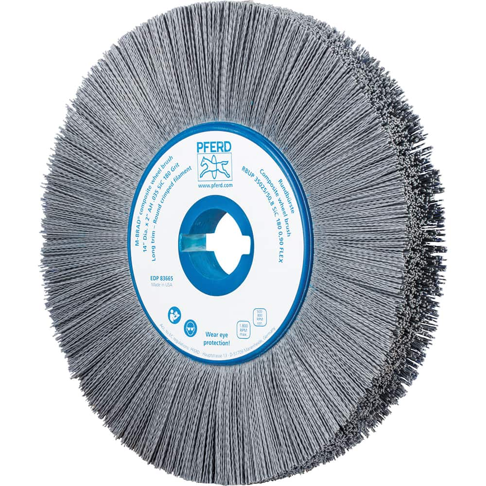 PFERD - Wheel Brushes; Outside Diameter (Inch): 14 ; Wire Type: Crimped; Round ; Fill Material: Nylon; Silicon Carbide ; Trim Length (Inch): 3-1/2 ; Filament Wire Diameter Range: 0.0300 & Above ; Maximum RPM: 1800.000 - Exact Industrial Supply