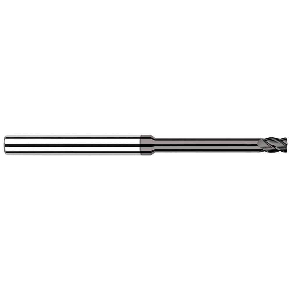 Corner Radius End Mill: 0.118″ Dia, 0.177″ LOC, 0.01″ Radius, 4 Flutes, Solid Carbide 2-1/2″ OAL, 1/8″ Shank Dia, 30 ° Helix, CVD Coated, Corner Radius End