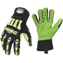 ironCLAD - Size XL (10), ANSI Cut Lvl A1, Abrasion Lvl 5, Cut Resistant Gloves - 11" Long, Uncoated, Polyester Lining, Slip-On Cuff, Black/Green, Paired - Makers Industrial Supply