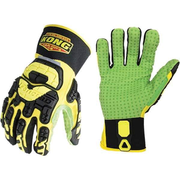 ironCLAD - Size L (9), ANSI Cut Lvl A2, Abrasion Lvl 5, Cut Resistant Gloves - 11" Long, Uncoated, Unlined, Slip-On Cuff, Yellow/Green, Paired - Makers Industrial Supply