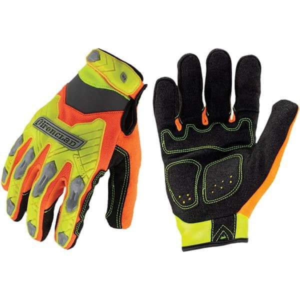 ironCLAD - Size S (7), ANSI Cut Lvl A2, Abrasion Lvl 3, Cut Resistant Gloves - 8.5" Long, Uncoated, Unlined, Hook & Loop Cuff, Hi-Vis Orange/Yellow, Paired - Makers Industrial Supply