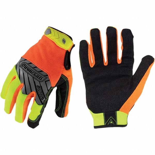 ironCLAD - Size L (9), ANSI Cut Lvl A2, Abrasion Lvl 3, Cut Resistant Gloves - 9" Long, Uncoated, Unlined, Hook & Loop Cuff, Hi-Vis Orange/Yellow, Paired - Makers Industrial Supply