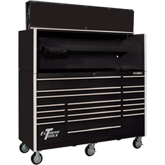 Tool Storage Combos & Systems; Type: Roller Cabinet with Hutch Combo; Drawers Range: 16 Drawers or More; Number of Pieces: 2.000; Width Range: 72″ and Wider; Depth Range: 24″ - 29.9″; Height Range: 60″ and Higher; Color: Combo Black with Chrome Trim; Type