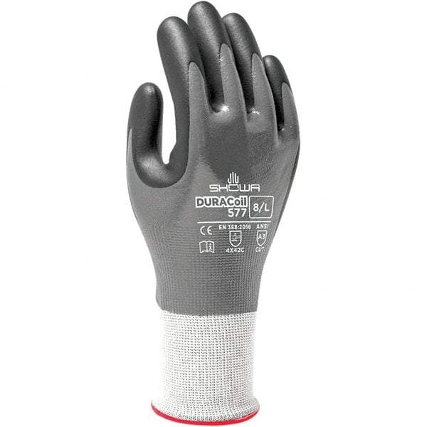 SHOWA - Size XL (9), ANSI Cut Lvl A3, Puncture Lvl 2, Abrasion Lvl 4, Nitrile Coated ATA/HPPE Blend Cut & Puncture Resistant Gloves - Fully Coated Coated, DURACoil Lining, Knit Wrist, Gray/White, Paired - Makers Industrial Supply