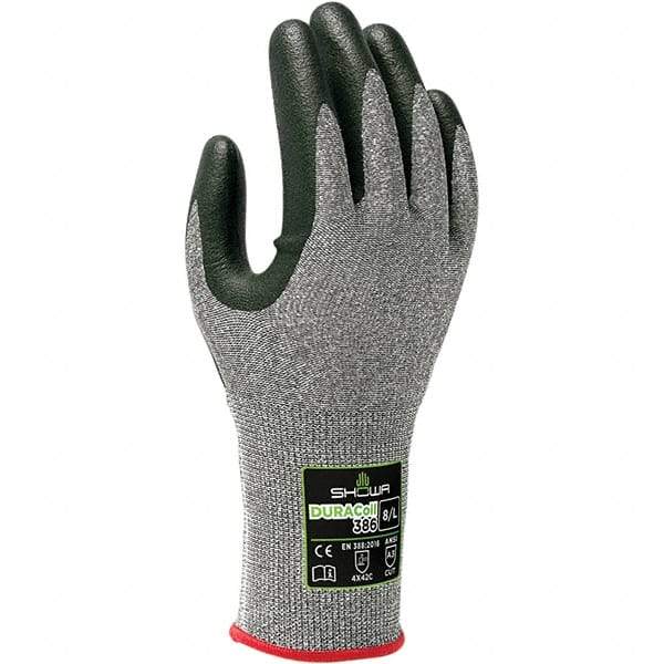 SHOWA - Size L (8), ANSI Cut Lvl A3, Puncture Lvl 2, Abrasion Lvl 4, Micro-Foam Nitrile Coated ATA/HPPE Blend Cut & Puncture Resistant Gloves - Palm & Fingers Coated, DURACoil Lining, Knit Wrist, Gray/Black, Paired - Makers Industrial Supply