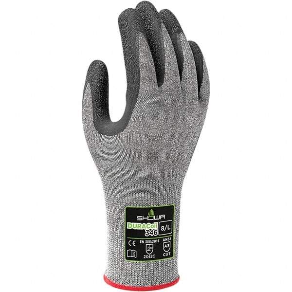 SHOWA - Size XL (9), ANSI Cut Lvl A3, Puncture Lvl 2, Abrasion Lvl 2, Latex Coated ATA/HPPE Blend Cut & Puncture Resistant Gloves - Palm & Fingers Coated, DURACoil Lining, Knit Wrist, Gray/Black, Paired - Makers Industrial Supply