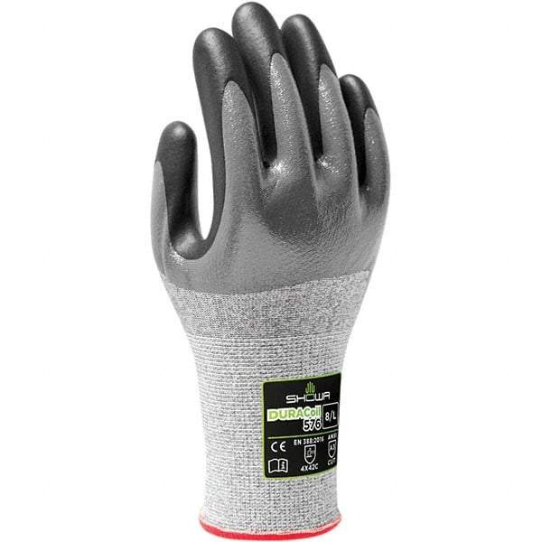 SHOWA - Size M (7), ANSI Cut Lvl A3, Puncture Lvl 2, Abrasion Lvl 4, Nitrile Coated ATA/HPPE Blend Cut & Puncture Resistant Gloves - Palm, Fingers & Knuckles Coated, DURACoil Lining, Knit Wrist, Gray, Paired - Makers Industrial Supply