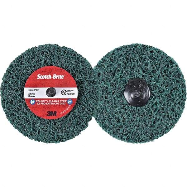 3M - 4" Extra Coarse Grade Aluminum Oxide Deburring Disc - 1/2" Center Hole, Quick Change Connection, Green, 12,000 Max RPM - Makers Industrial Supply