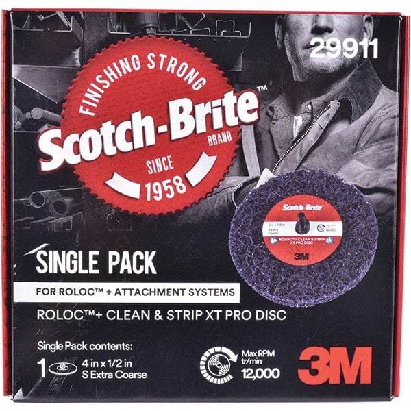 3M - 4" Extra Coarse Grade Silicon Carbide Deburring Disc - 1/2" Center Hole, Quick Change Connection, Purple, 12,000 Max RPM - Makers Industrial Supply