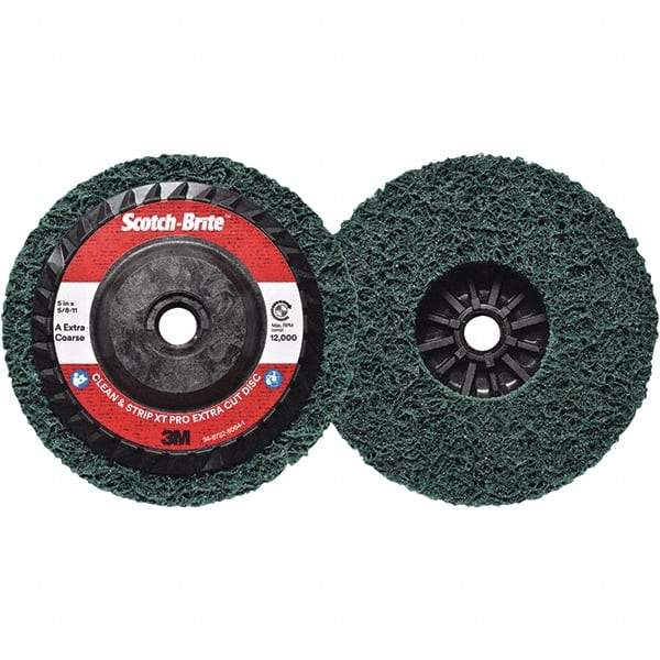 3M - 5" Extra Coarse Grade Aluminum Oxide Deburring Disc - 5/8-11 Threaded Center Hole, Quick Change Connection, Green, 12,000 Max RPM - Makers Industrial Supply