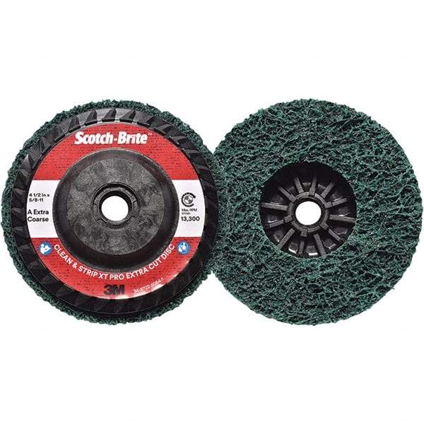 3M - 4-1/2" Extra Coarse Grade Aluminum Oxide Deburring Disc - 5/8-11 Threaded Center Hole, Quick Change Connection, Green, 13,300 Max RPM - Makers Industrial Supply