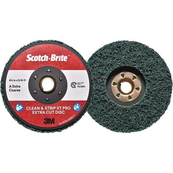 3M - 4-1/2" Extra Coarse Grade Aluminum Oxide Deburring Disc - 5/8-11 Threaded Center Hole, Quick Change Connection, Green, 13,300 Max RPM - Makers Industrial Supply