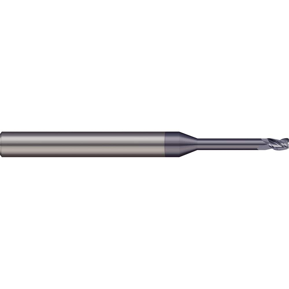 Corner Radius End Mill: 0.035″ Dia, 0.053″ LOC, 0.01″ Radius, 3 Flutes, Solid Carbide 1-1/2″ OAL, 1/8″ Shank Dia, 20 ° Helix, nACRo Coated, Corner Radius End