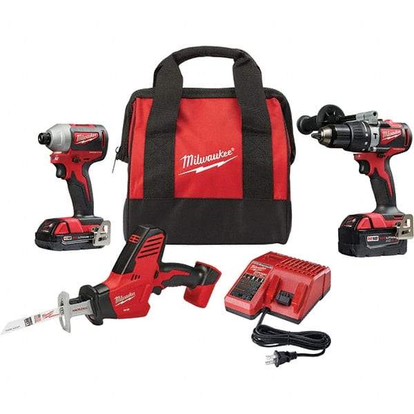 Milwaukee Tool - 18 Volt Cordless Tool Combination Kit - Includes Brushless Compact Hammer Drill, Brushless 1/4" Impact Driver & Hackzall Reciprocating Saw, Lithium-Ion Battery Included - Makers Industrial Supply