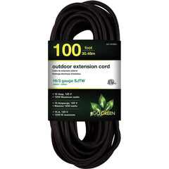 GoGreen Power - Power Cords; Cord Type: Extension Cord ; Overall Length (Feet): 100 ; Cord Color: Black ; Amperage: 10 ; Voltage: 125 ; Wire Gauge/Number of Conductors: 16/3 - Exact Industrial Supply