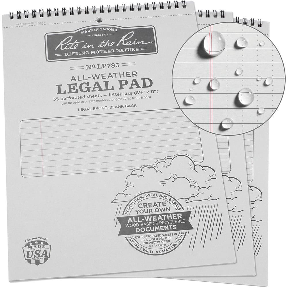 Rite in the Rain - Note Pads, Writing Pads & Notebooks; Writing Pads & Notebook Type: Legal Pad ; Size: 8-1/2 x 11" ; Number of Sheets: 35 ; Color: Gray ; Additional Information: Weatherproof - Exact Industrial Supply