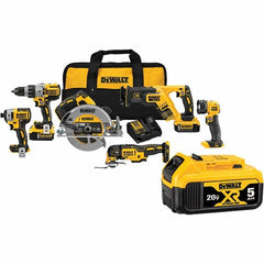 DeWALT - 20 Volt Cordless Tool Combination Kit - Includes 1/2" Brushless Hammerdrill, 1/4" Brushless Impact Driver, Brushless Reciprocating Saw, 7-1/2" Brushless Circular Saw, Oscillating Tool & LED Worklight, Lithium-Ion Battery Included - Makers Industrial Supply