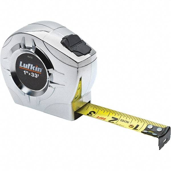 Lufkin - 33' x 1" Yellow Steel Blade Tape Measure - 1/16" & 1/10 & 1/100' Graduation, Inch Graduation Style, Chrome ABS Plastic Case - Makers Industrial Supply