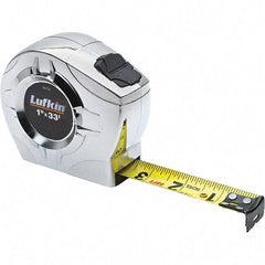 Lufkin - 33' x 1" Yellow Steel Blade Tape Measure - 1/16" & 1/10 & 1/100' Graduation, Inch Graduation Style, Chrome ABS Plastic Case - Makers Industrial Supply