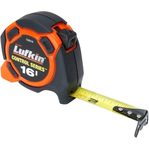 Lufkin - 16' x 3/4" Yellow Steel Blade Tape Measure - 1/8" Graduation, Inch Graduation Style, Orange/Black ABS Plastic Case - Makers Industrial Supply