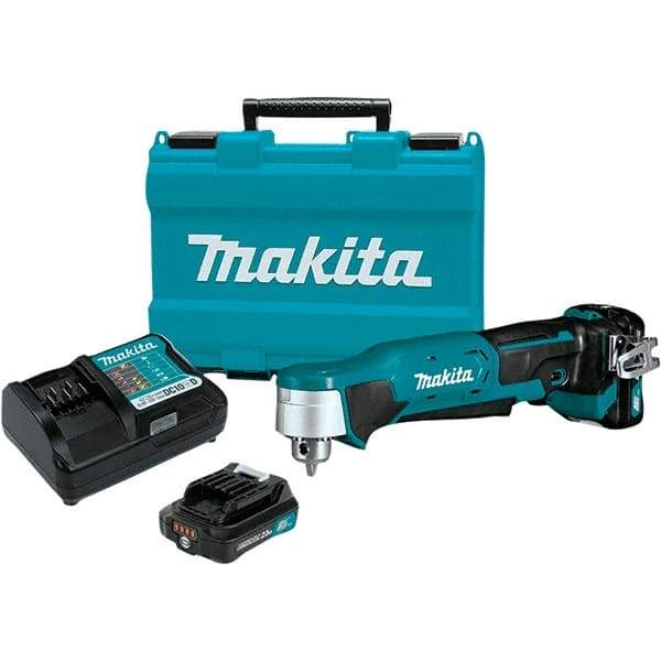 Makita - 12 Volt 3/8" Chuck Right Angle Handle Cordless Drill - 0-1100 RPM, Keyless Chuck, Reversible, 2 Lithium-Ion Batteries Included - Makers Industrial Supply