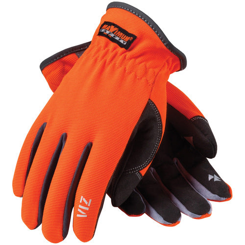 ‎120-4600/XXL All Purp Work Gloves - VIZ - HV Orange Back - Black Synthetic Leather Palm - Slipon Cuff - Exact Industrial Supply