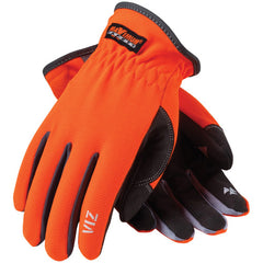 ‎120-4600/L All Purp Work Gloves - VIZ - HV Orange Back - Black Synthetic Leather Palm - Slipon Cuff - Exact Industrial Supply