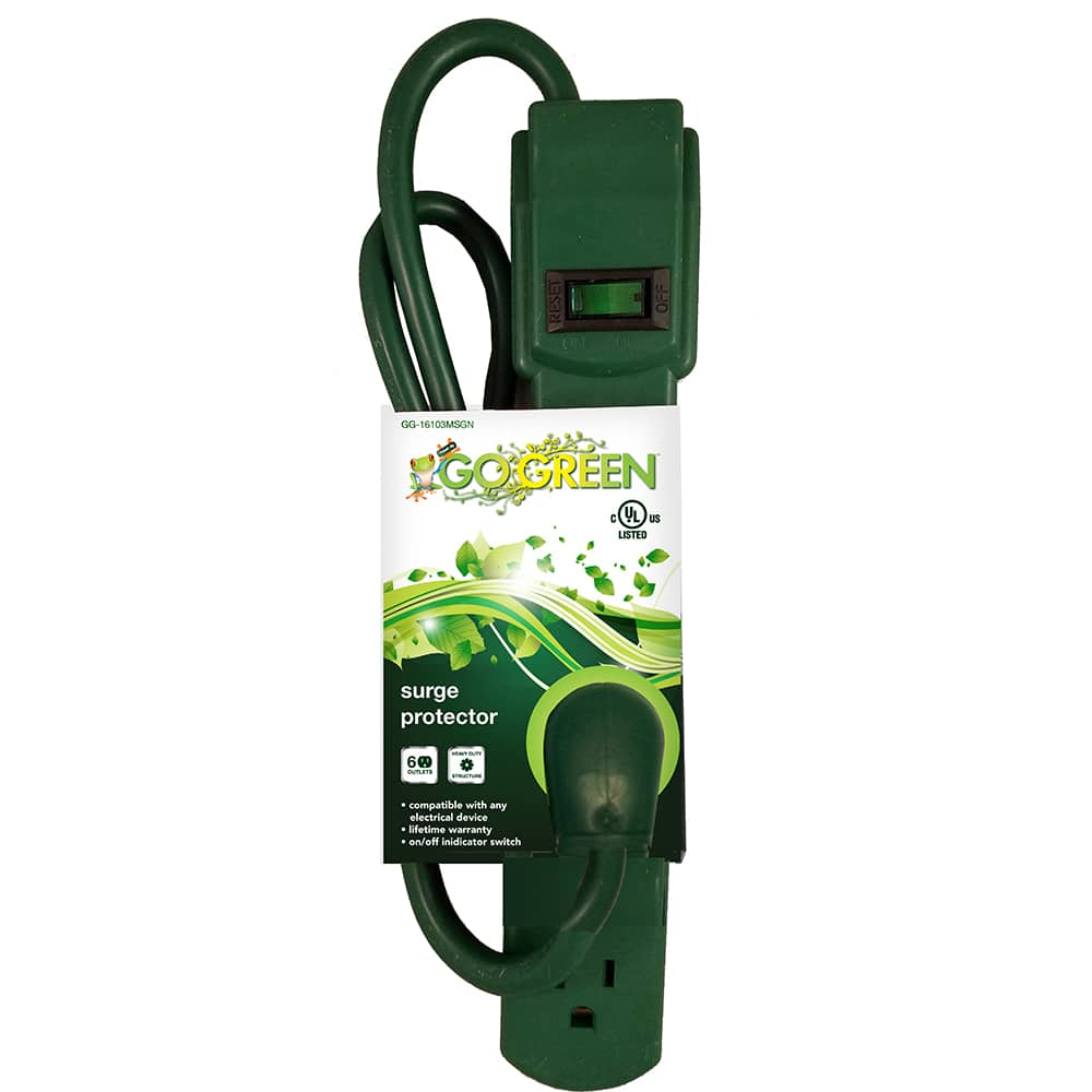 GoGreen Power - Power Outlet Strips; Amperage: 15 ; Voltage: 125 ; Number of Outlets: 6 ; Material: Plastic ; Mounting Type: Floor ; Cord Length (Feet): 2.5 - Exact Industrial Supply