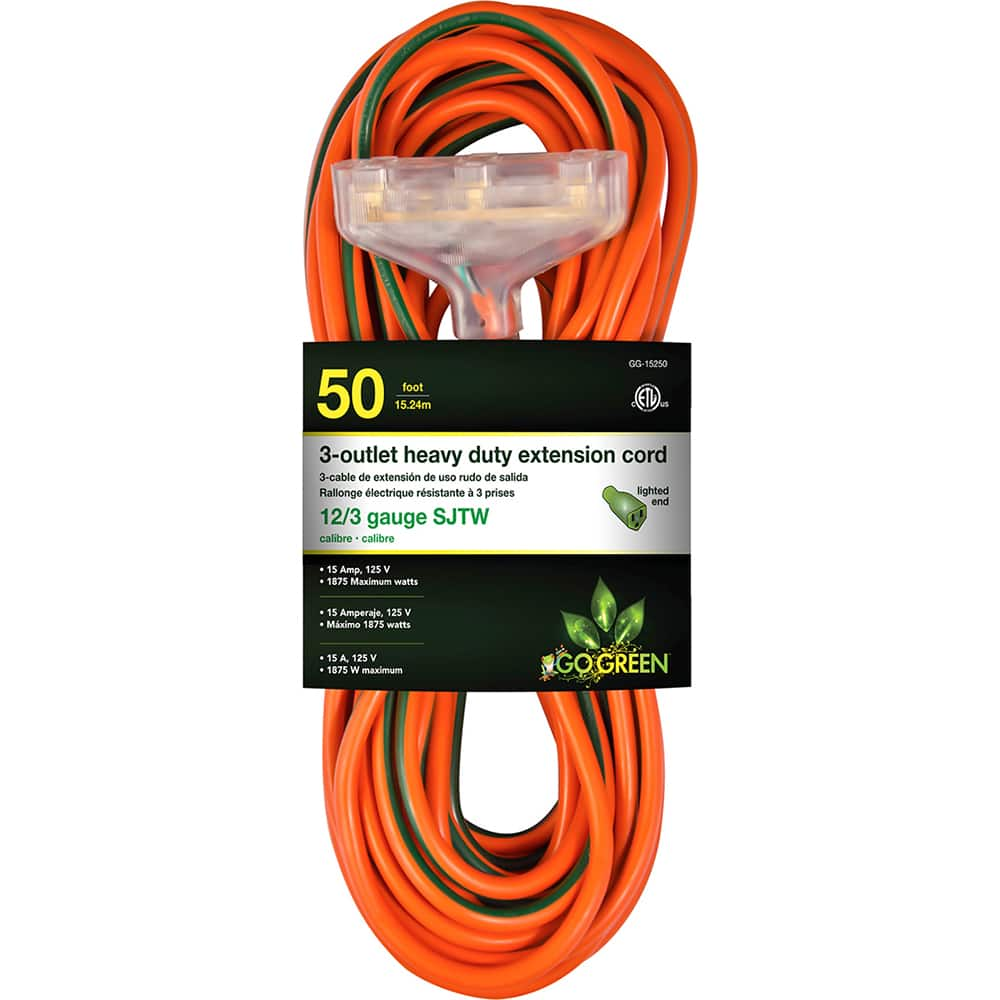 GoGreen Power - Power Cords; Cord Type: Extension Cord ; Overall Length (Feet): 20 ; Cord Color: Orange ; Amperage: 15 ; Voltage: 125 ; Wire Gauge/Number of Conductors: 12/3 - Exact Industrial Supply