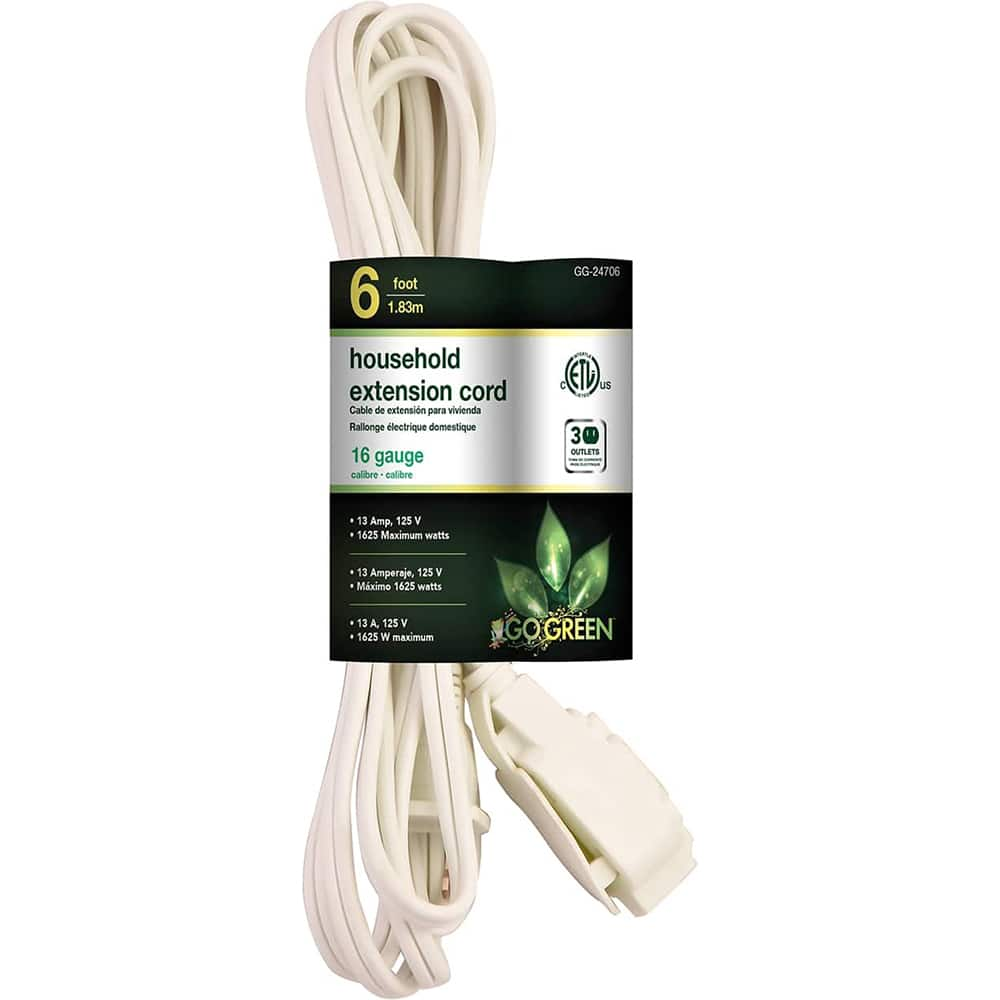 GoGreen Power - Power Cords; Cord Type: Replacement Cord ; Overall Length (Feet): 6 ; Cord Color: White ; Amperage: 13 ; Voltage: 125 ; Wire Gauge/Number of Conductors: 16/2 - Exact Industrial Supply