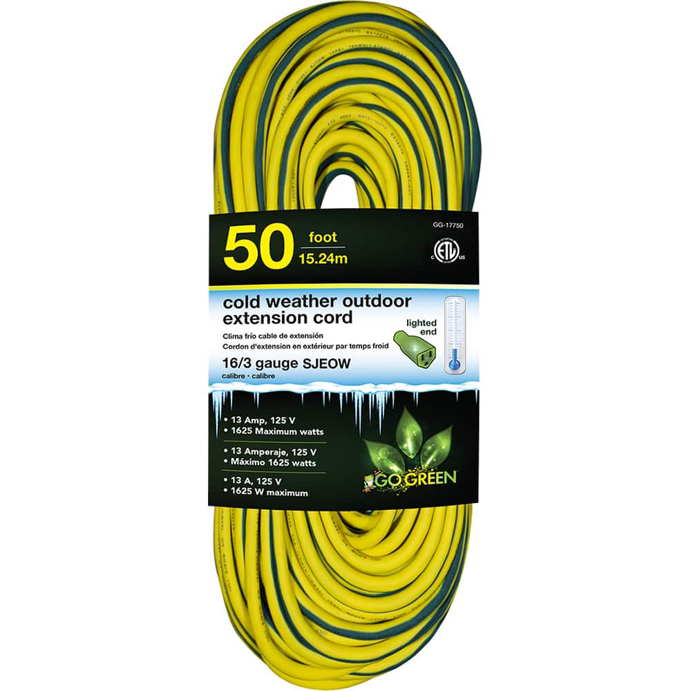 GoGreen Power - Power Cords; Cord Type: Extension Cord ; Overall Length (Feet): 50 ; Cord Color: Yellow ; Amperage: 13 ; Voltage: 125 ; Wire Gauge/Number of Conductors: 16/3 - Exact Industrial Supply