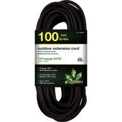 GoGreen Power - Power Cords; Cord Type: Extension Cord ; Overall Length (Feet): 100 ; Cord Color: Black ; Amperage: 13 ; Voltage: 125 ; Wire Gauge/Number of Conductors: 14/3 - Exact Industrial Supply