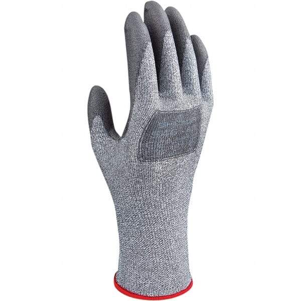 SHOWA - Size 2XL (10), ANSI Cut Lvl A3, Puncture Lvl 2, Abrasion Lvl 4, Polyurethane Coated HPPE/Glass Cut Resistant Gloves - 10.7" Long, Palm & Fingertips Coated, HPPE & Polyester Lining, Continuous Knit Cuff, Gray/Gray, Paired - Makers Industrial Supply