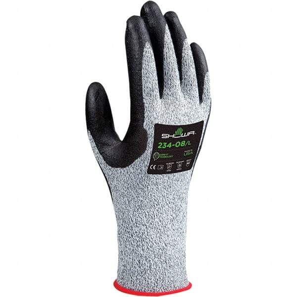 SHOWA - Size XL (9), ANSI Cut Lvl A4, Puncture Lvl 2, Abrasion Lvl 4, Foam Nitrile Coated HPPE/Glass Cut Resistant Gloves - 10.75" Long, Palm & Fingertips Coated, Engineered Yarn, HPPE & Spandex Lining, Continuous Knit Cuff, White/Black, Paired - Makers Industrial Supply