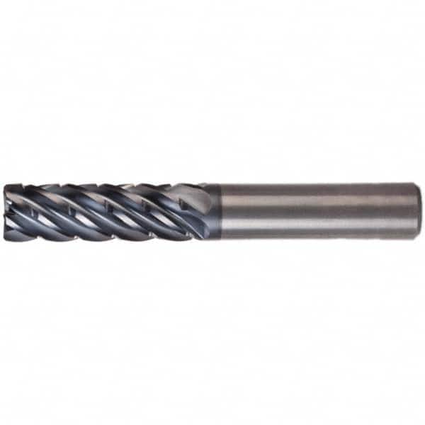 Corner Radius End Mill: 0.6299″ Dia, 6 Flutes, Solid Carbide 38 ° Helix, AlTiN Coated, Corner Radius End, Centercutting, Series KOR6