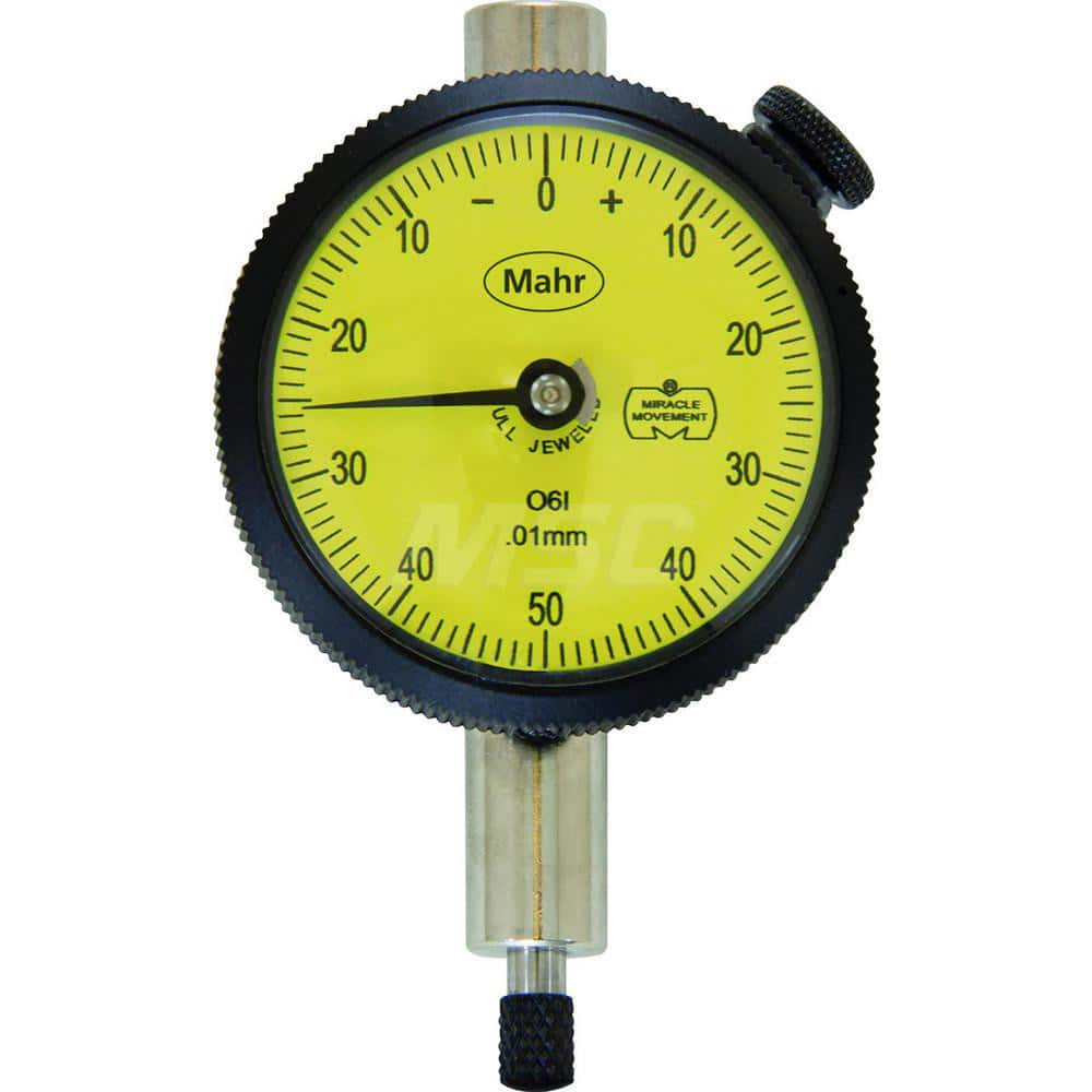 Mahr - Dial Drop Indicators; Maximum Measurement (Inch): 0.1 ; Maximum Measurement (mm): 2.50 ; Dial Graduation (mm): 0.0100 ; Dial Graduation (Decimal Inch): 0.000500 ; Dial Reading: 0-50-0 ; Dial Diameter (mm): 45.00 - Exact Industrial Supply