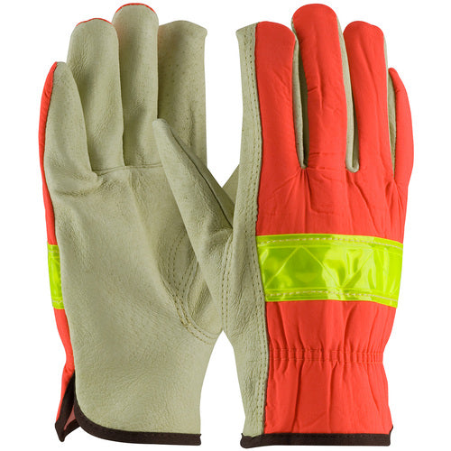 ‎125-368/S Leather Drivers Gloves - Hi-Vis Fabric - Top Grain Pigskin Leather Driver - Keystone Thumb - Exact Industrial Supply