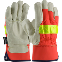 ‎125-458/L Leather Palm Gloves - Hi-Vis Fabric - Rubberized SC - 3M Thinsulate Lining - Grain Pigskin - Exact Industrial Supply