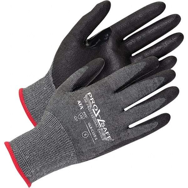 PRO-SAFE - Size S (7), ANSI Cut Lvl A5, Abrasion Lvl 4, Micro-Foam Nitrile Coated HPPE Fiber/Stainless Steel Cut Resistant Gloves - Palm Coated, Continuous Knit Cuff, Black/Gray, Paired - Makers Industrial Supply