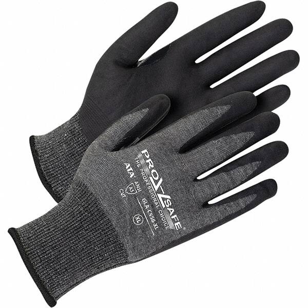 PRO-SAFE - Size XL (10), ANSI Cut Lvl A5, Abrasion Lvl 4, Polyurethane Coated HPPE Fiber/Stainless Steel Cut Resistant Gloves - Palm Coated, Continuous Knit Cuff, Black/Gray, Paired - Makers Industrial Supply