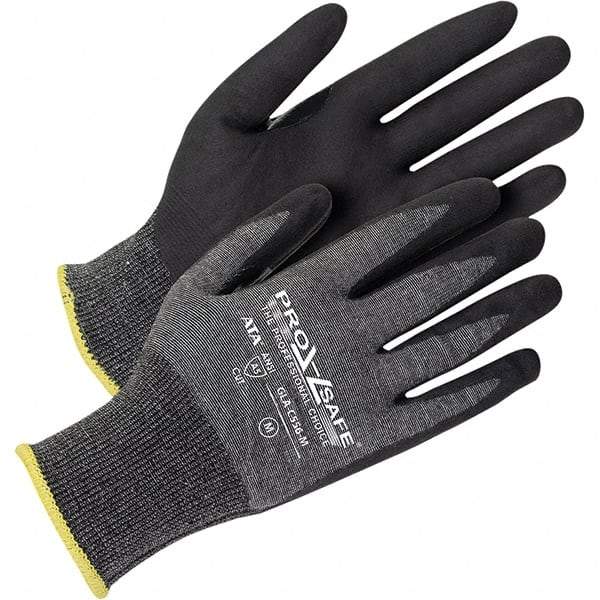 PRO-SAFE - Size M (8), ANSI Cut Lvl A5, Abrasion Lvl 4, Polyurethane Coated HPPE Fiber/Stainless Steel Cut Resistant Gloves - Palm Coated, Continuous Knit Cuff, Black/Gray, Paired - Makers Industrial Supply