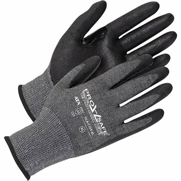 PRO-SAFE - Size XL (10), ANSI Cut Lvl A5, Abrasion Lvl 4, Micro-Foam Nitrile Coated HPPE Fiber/Stainless Steel Cut Resistant Gloves - Palm Coated, Continuous Knit Cuff, Black/Gray, Paired - Makers Industrial Supply