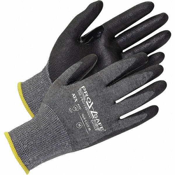 PRO-SAFE - Size M (8), ANSI Cut Lvl A5, Abrasion Lvl 4, Micro-Foam Nitrile Coated HPPE Fiber/Stainless Steel Cut Resistant Gloves - Palm Coated, Continuous Knit Cuff, Black/Gray, Paired - Makers Industrial Supply