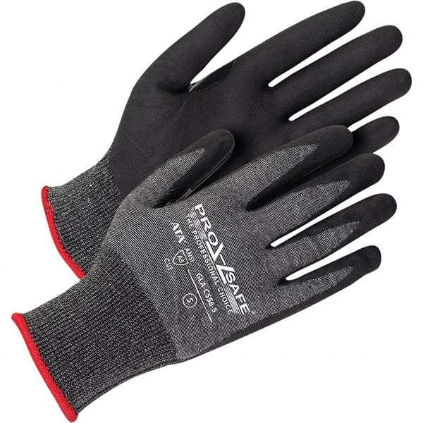 PRO-SAFE - Size S (7), ANSI Cut Lvl A5, Abrasion Lvl 4, Polyurethane Coated HPPE Fiber/Stainless Steel Cut Resistant Gloves - Palm Coated, Continuous Knit Cuff, Black/Gray, Paired - Makers Industrial Supply