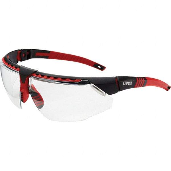 Uvex - Clear Lenses, Framed Safety Glasses - Scratch Resistant, Red Frame, Adjustable Temples, Size Universal, Wrap Around - Makers Industrial Supply